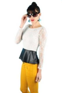G2 Chic Women's Long Sleeve Lace Faux Leather Peplum Top(TOP CAS, WHT L) Fashion T Shirts
