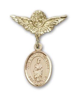 JewelsObsession's 14K Gold Baby Badge with Our Lady of Victory Charm and Angel with Wings Badge Pin Jewels Obsession Jewelry