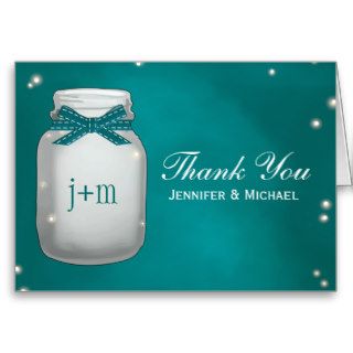 Teal Mason Jar Fireflies Wedding Thank You Greeting Cards