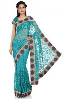 Chhabra 555 Womens Emerald Green Net Saree One Size Clothing