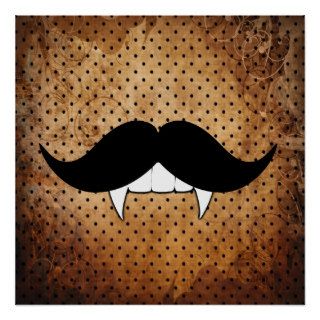 Funny Mustache On Brown Polka Dot Pattern Poster