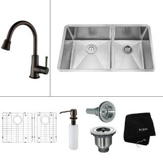 Kraus KHU103 33 KPF2220 KSD30ORB Kitchen Combo   32 3/4" Undermount 60/40 Double Bowl 16 Gauge Stainless Steel Ki, Stainless Steel / Oil Rubbed Bronze   Touch On Kitchen Sink Faucets  