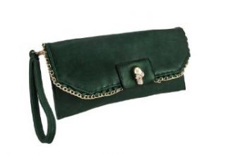 Sleek Green Vinyl Clutch Purse with Gold Chain Trim and Skull Shoes