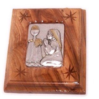 Silver plated icon embedded inside olive wood frame   First Communion or Holy Communion icon Holylandmarket Jewelry
