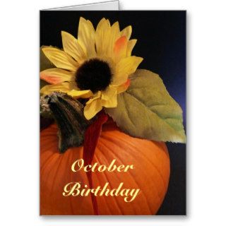 October Birthday, pumpkin & sunflower Greeting Cards