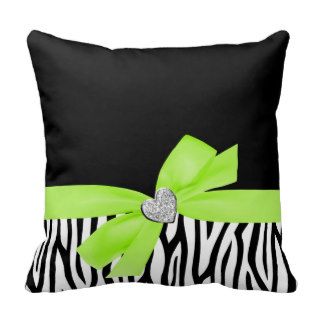 Zebra Lime Green Bow Diamond Heart Throw Pillow