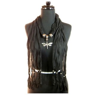 Black Fashion Jewelry Scarf with Silver Toned Dragonfly Pendant Scarves & Wraps