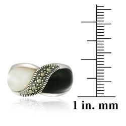 Glitzy Rocks Sterling Silver Onyx Mother of Pearl and Marcasite Ring Glitzy Rocks Gemstone Rings