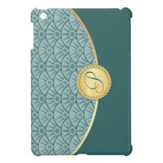 Teal Blue Gold Damask Pattern iPad Mini Covers