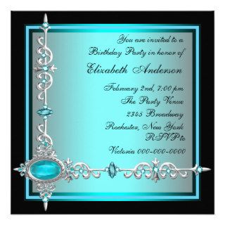 Black Teal Blue Birthday Party Invitations