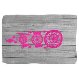 Hipster vintage pink dreamcatcher on gray wood kitchen towels