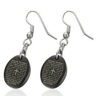 E556 E556 Stainless Steel 2 tone The Lords Prayer Cross Circle Drop Hook Earrings Mission Jewelry