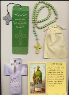 Green Wood Irish Rosary with Saint Patrick Holy Card, Celtic Religious Blessing Bookmark Plus Velour Bag and Cross Bookmark 