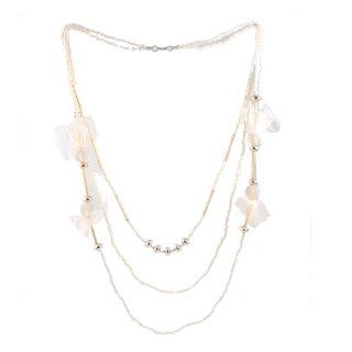 Woman White Slim Beads Beige Mesh Ornament Sweater Necklace Strand Necklaces Jewelry