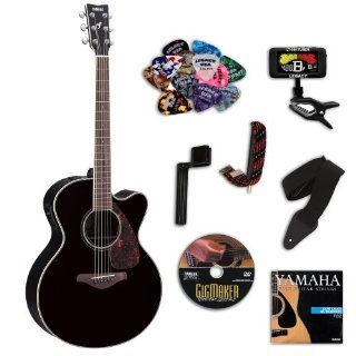 Yamaha FJX730SC Black Medium Jumbo Acoustic Electric Guitar Bundle w/Legacy Kit (Tuner,DVD, & More) Musical Instruments