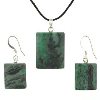 Green Laugna Lace Dome Rectangle Shaped Pendant and Earrings Set   18x22mm Pendant, 14x18mm Earrings   Adjustable Cord Necklace Jewelry