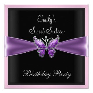 Sweet Sixteen 16  Purple Butterfly black 1 Custom Announcement