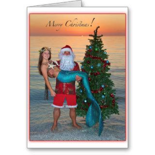 Merry Christmas Mermaid with Santa on the Beach Greeting Card