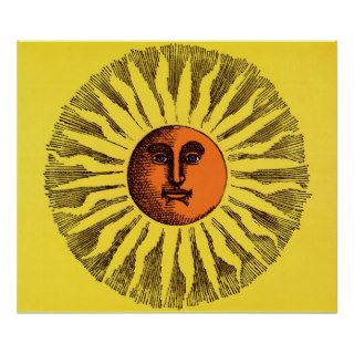 Vintage Celestial Yellow Smiling Happy Hippie Sun Posters
