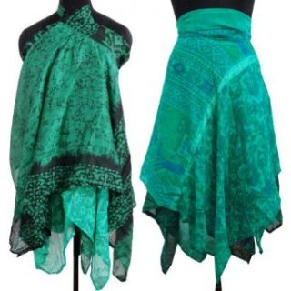 Indian Silk Wrap 2 layer Skirt Casual Dress Women Beach Green Floral Sarong Gift