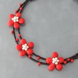 Cotton Red Coral and Pearl Flower Choker Necklace (4 5 mm) (Thailand) Necklaces