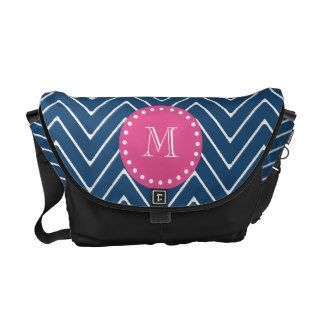 Hot Pink, Navy Blue Chevron  Your Monogram Courier Bags