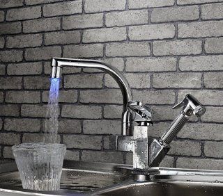 High Quality Solid Brass LED Pull Out Kitchen Sink Faucet with Two Spouts, Chrome Finish, Multifunctional   Touch On Kitchen Sink Faucets  