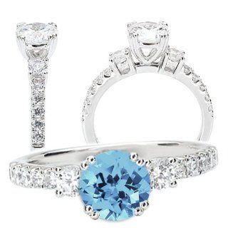 18k Elite Collection Chatham 6.5mm round aquamarine spinel 3 stone style engagement ring with natural diamonds Jewelry