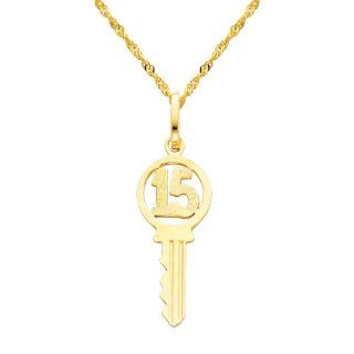 14K Yellow Gold Sweet 15 Key Charm Pendant with Yellow Gold 1.2mm Singapore Chain with Spring Ring Clasp   16" Inches   Pendant Necklace Combination The World Jewelry Center Jewelry