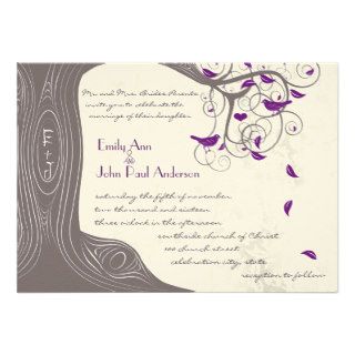 Radiant Purple Love Bird Rustic Tree Wedding Invitation