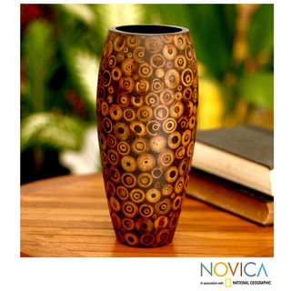 Handcrafted Albesia Wood and Bamboo 'Bubbles' Vase (Indonesia) Novica Vases