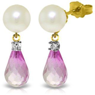 14k Yellow Gold Pearl and Pink Topaz Drop Earrings Jewelry