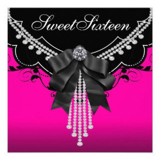 Black Hot Pink Sweet Sixteen Birthday Party Custom Invitations
