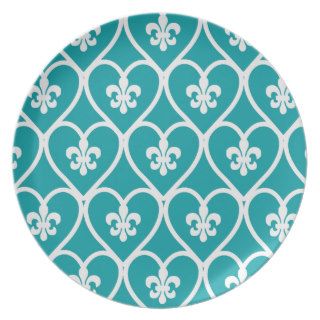 Turquoise Heart Fleur De Lis Dinner Plates