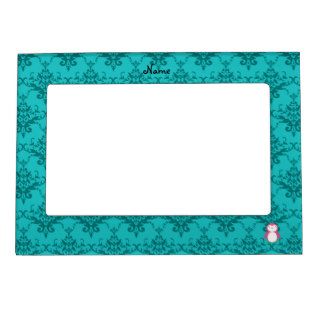 Personalized name pink penguin turquoise damask magnetic picture frames