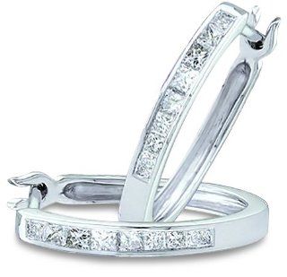 14k White Gold Channel Set Princess Square Cut Diamond Hoop Huggie Earrings (.30 cttw) Jewelry