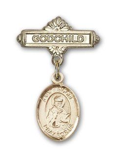 JewelsObsession's 14K Gold Baby Badge with St. Isidore of Seville Charm and Godchild Badge Pin Brooches And Pins Jewelry