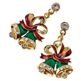 Christmas Jewelry Twin Green Bells Red Ribbon Gold Tone Holiday Charm Earrings Jewelry