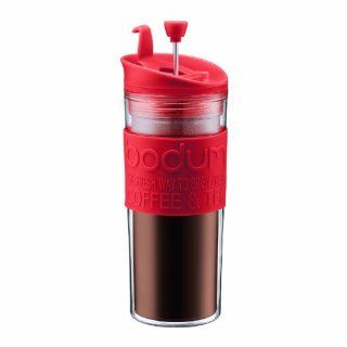 Bodum Double Wall 16 Ounce Thermal Plastic Travel Coffee and Tea Press with Bonus Tumbler Lid, Red French Presses Kitchen & Dining