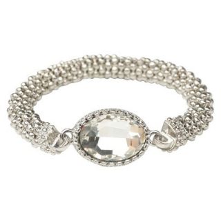 Satin Textured Rondelles with Oval Crystal Stretch Bracelet   Rhodium