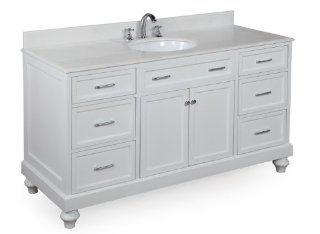 Amelia 60 inch Single Sink Bathroom Vanity (White/White) Includes a White Cabinet, Soft Close Drawers, Self Closing Doors, Natural White Marble Countertop, and Single Ceramic Sink    