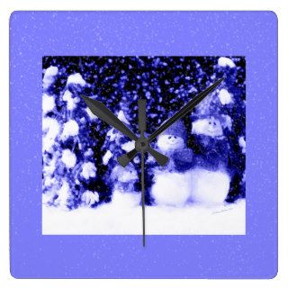 Blue Christmas Snowman Family Winter Wall Clock
