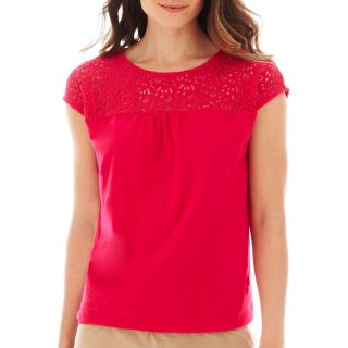 St. Johns Bay Short Sleeve Lace Banded Bottom Tee, Bittersweet Berry, Womens