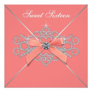 Coral Diamonds Coral Sweet 16 Birthday Party Personalized Invite