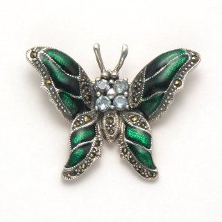 Sterling Silver Marcasite Butterfly Pin with Green Enamel and Blue Topaz Stones Brooches And Pins Jewelry