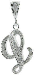 Sterling Silver Large Script Initial Letter L Pendant w/ Cubic Zirconia Stones, 1 1/2 inch tall Necklaces Jewelry