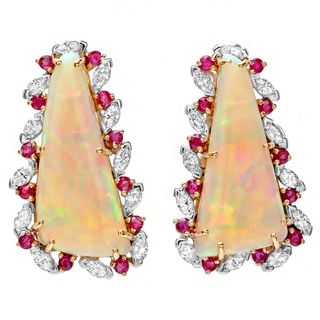 Roberto Martinez 18k Gold Opal, Ruby and 1 1/2ct TDW Diamond Estate Earrings (H I, SI1 SI2) Roberto Martinez Estate and Vintage Earrings