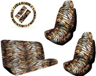 Tan Tiger Animal Print Safari Stripes Car Truck SUV Universal Fit Bucket Seat Covers Bench Seat Cover Steering Wheel Cover & Shoudler Belt Pads Auto Accessories Interior Combo Kit Gift Set   11PC Automotive