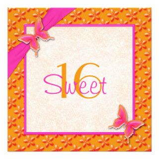 Pink and Orange Butterfly Sweet Sixteen Invitation