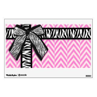 Girly zebra ribbon & bow, pink chevron stripes wall decal